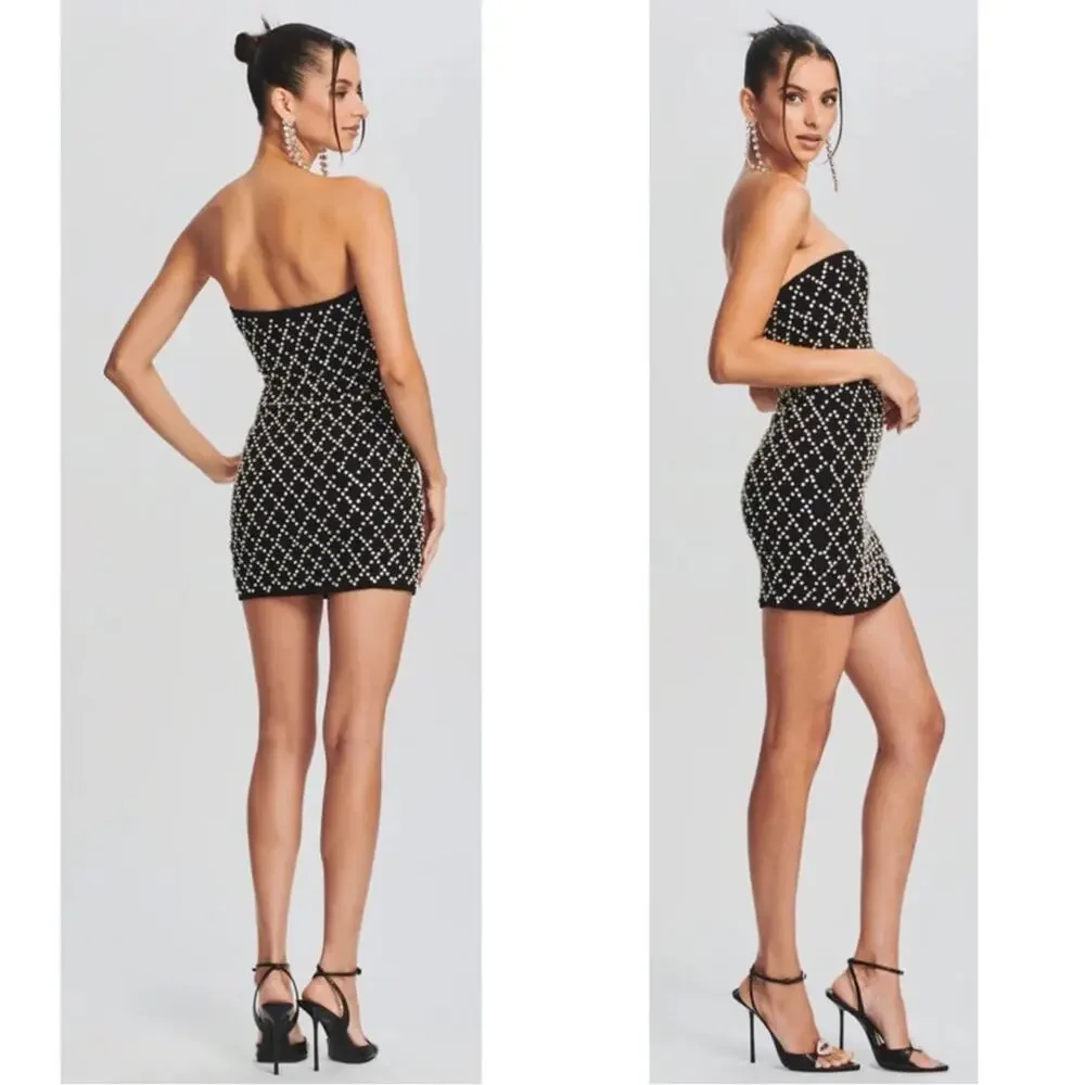 Retrofete Felicity Strapless Grid Crystal Embellished Black Mini Dress Sz M - Picture 3 of 11